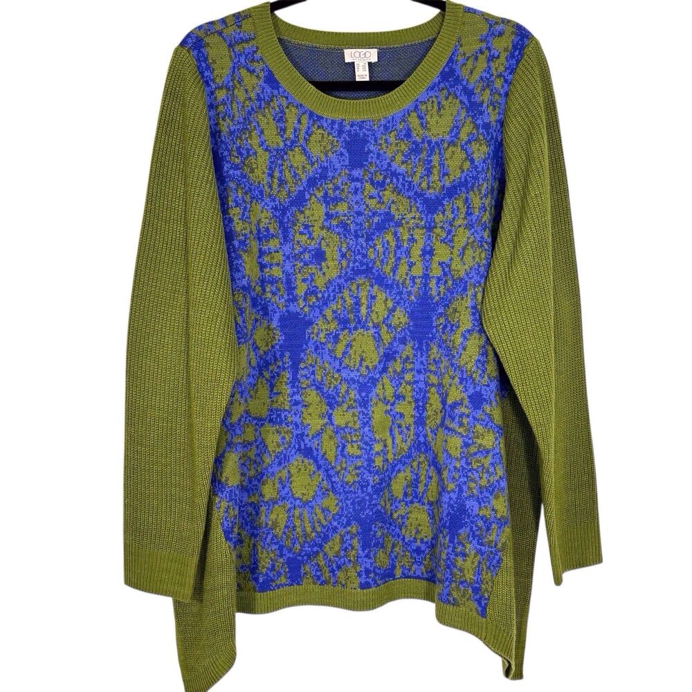 LOGO Lori Goldstein Ribbed Sweater Women's 1X Olive Green Blue Shark Bite Hem
